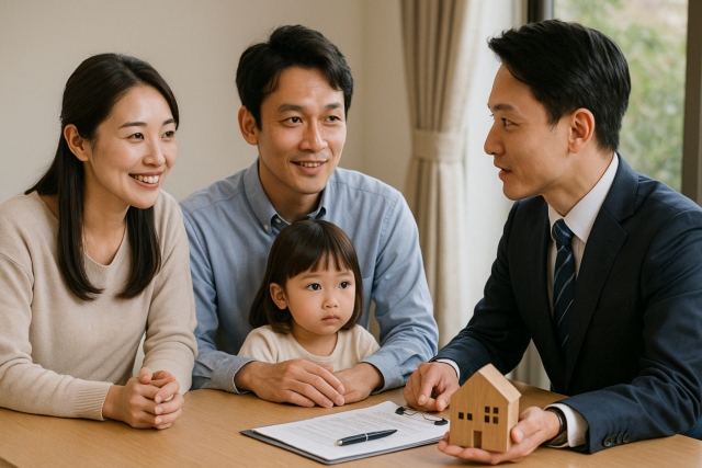 住宅相談を受ける家族と担当者