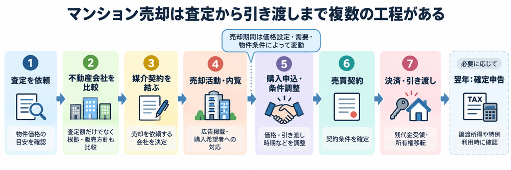 マンション売却の流れを、査定依頼から不動産会社比較、媒介契約、売却活動、売買契約、決済・引き渡し、確定申告まで7ステップで解説した図。売却期間や各工程のポイントもわかるマンション売却手順の図解。