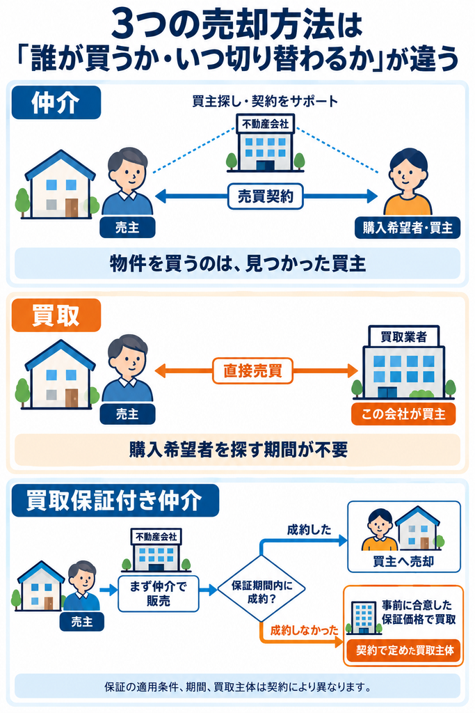 不動産売却の仲介・買取・買取保証付き仲介について、買主と契約関係、買取へ切り替わる条件を比較した図。