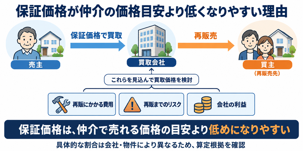 買取会社が再販費用・リスク・利益を見込むため、保証価格が仲介の価格目安より低めになりやすい理由を示した図。