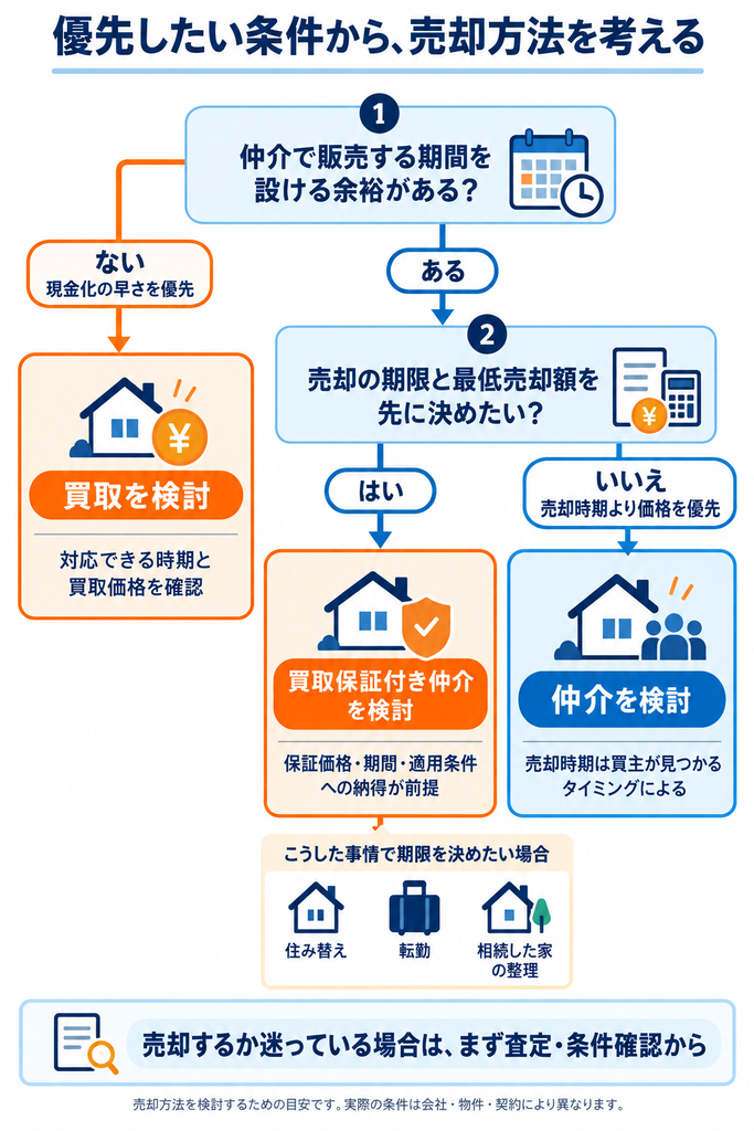 販売期間の余裕と売却期限・最低売却額への希望から、買取・買取保証付き仲介・仲介を検討する判断チャート。